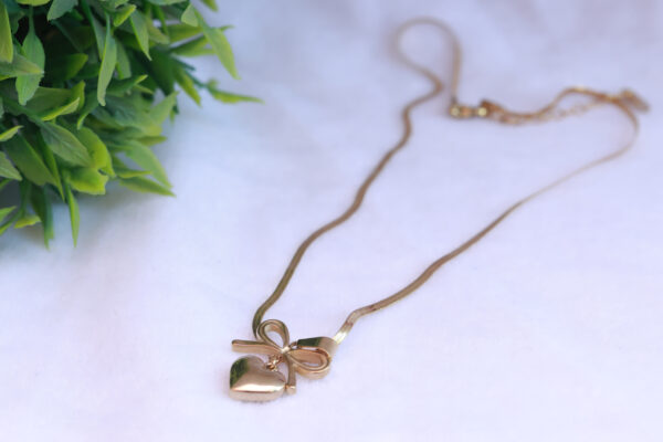 Golden Bow & Heart Pendant Necklace - Image 2