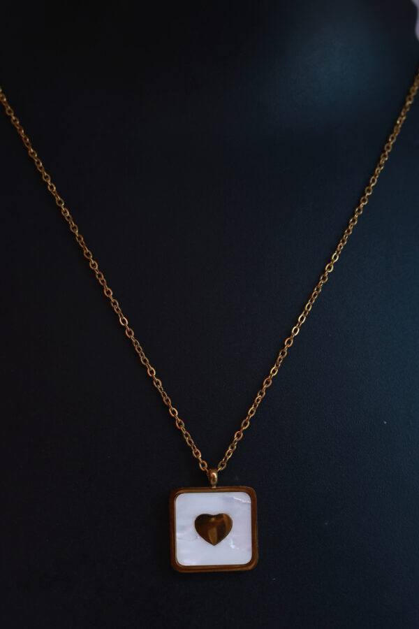 Gold-Tone Square Pendant Necklace with Heart Inlay - Image 3