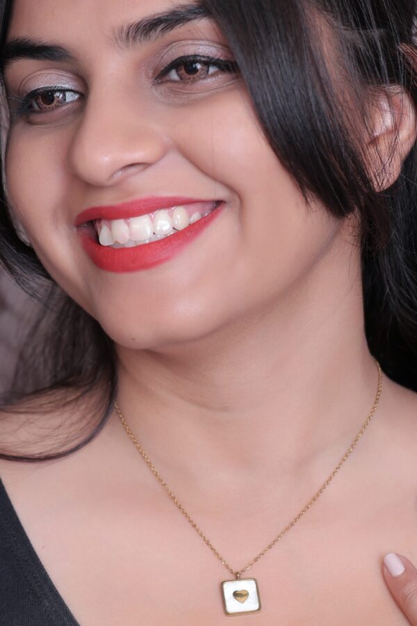 Gold-Tone Square Pendant Necklace with Heart Inlay - Image 4