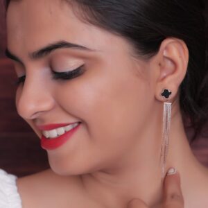 Black Clover Stud with Gold Tassel Chain Drop Earrings