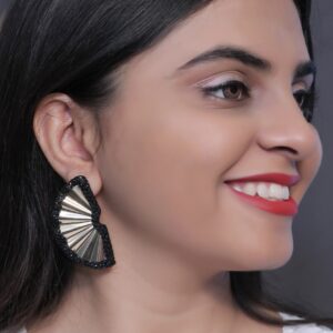 Elegant Fan-Shaped Statement Earrings with Black Crystal Accents