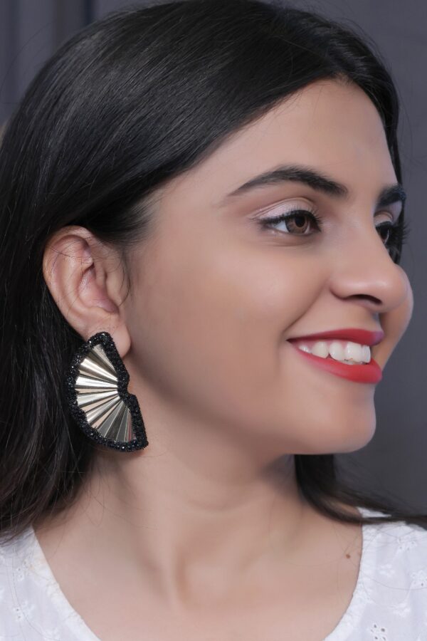 Elegant Fan-Shaped Statement Earrings with Black Crystal Accents