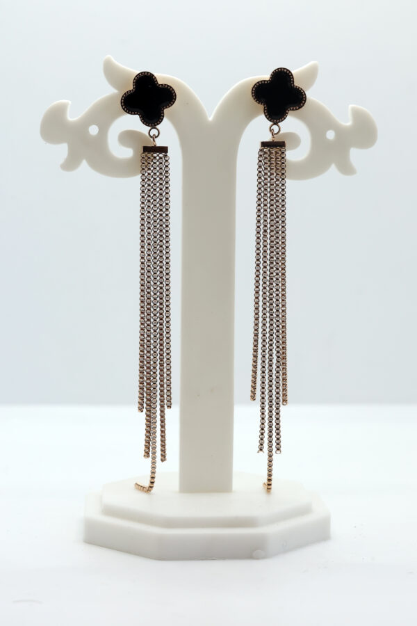Black Clover Stud with Gold Tassel Chain Drop Earrings - Image 2