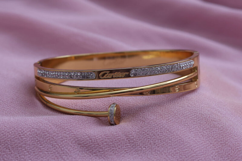 Gold-Tone Pave and Nail Motif Bangle Bracelet - Image 2
