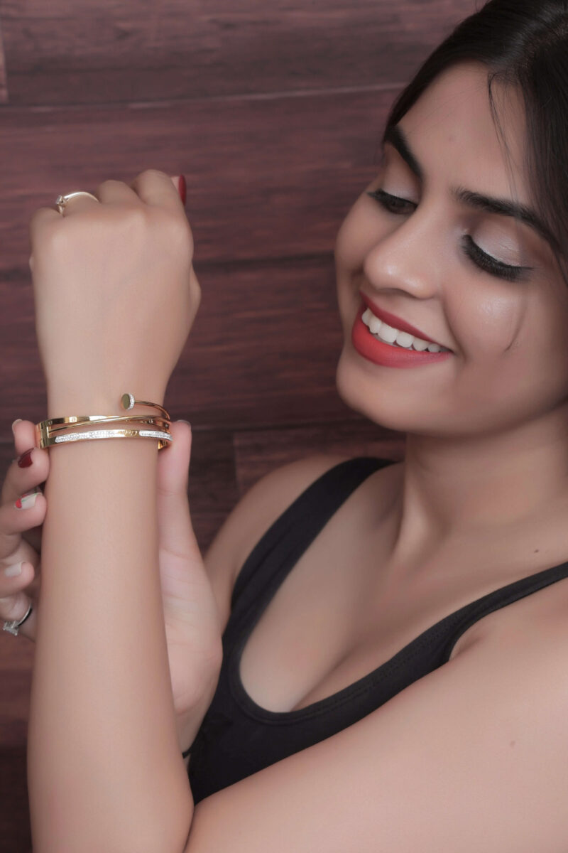 Gold-Tone Pave and Nail Motif Bangle Bracelet - Image 3