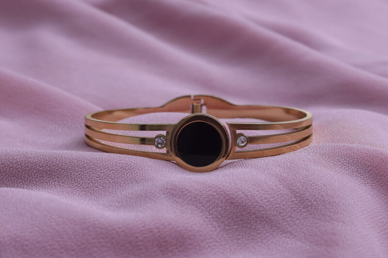 Gold-Tone Triple Band Bangle with Black Disc and Crystal Accents - Image 3