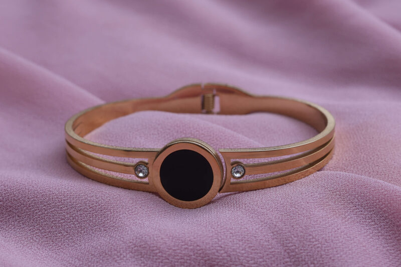Gold-Tone Triple Band Bangle with Black Disc and Crystal Accents - Image 4