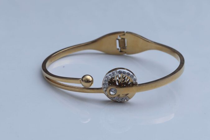 Gold-Tone Tree of Life & Crystal Bypass Bangle