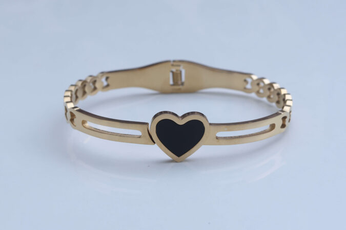 Gold-Tone Heart Charm Bangle with Patterned Band