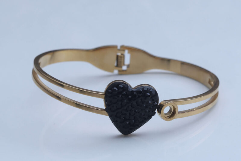 Gold-Tone Dual Band Bracelet with Pave Black Heart - Image 2