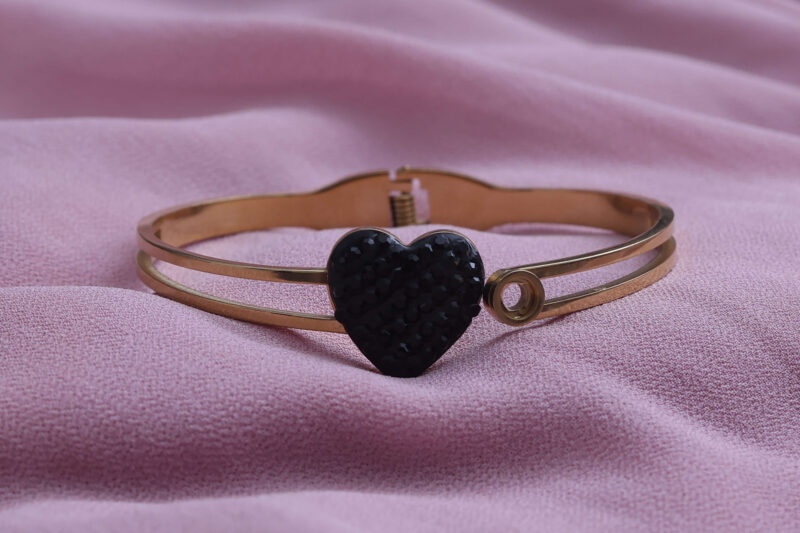 Gold-Tone Dual Band Bracelet with Pave Black Heart - Image 3