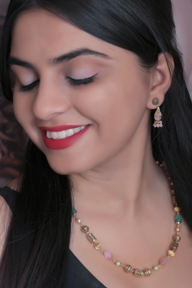 Beaded Necklace with Jhumka Earrings