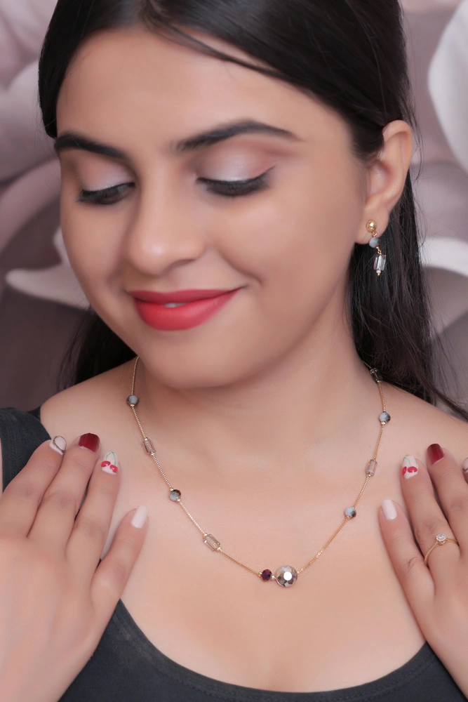 Gold Tone Beaded Necklace with Mixed Stones and Dangle Earring Set