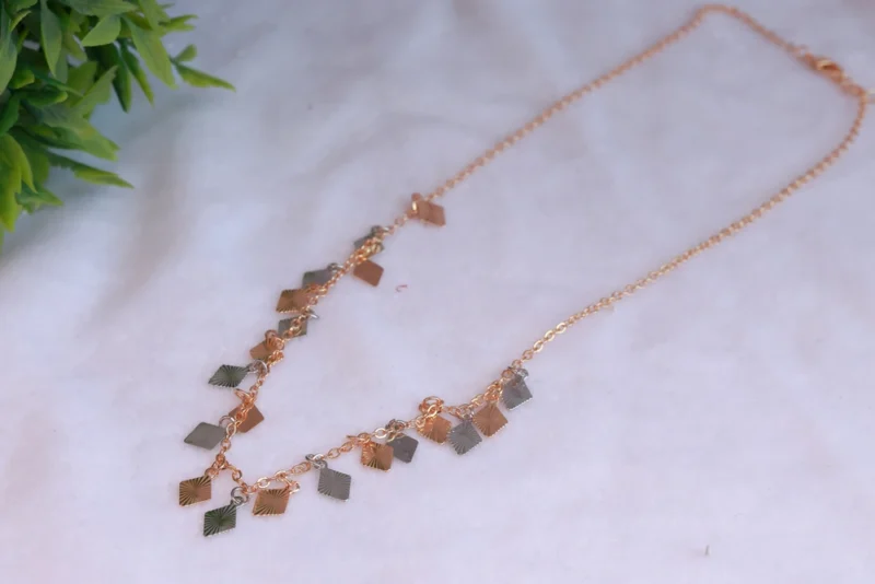 Mixed-Tone Dangle Charm Necklace with Square Motifs