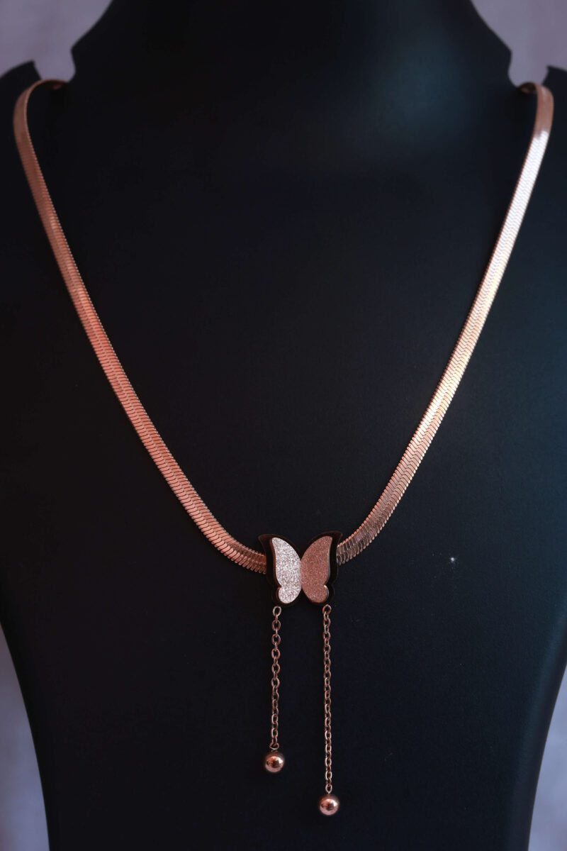Rose Gold Tone Herringbone Chain Necklace with Butterfly Pendant - Image 2