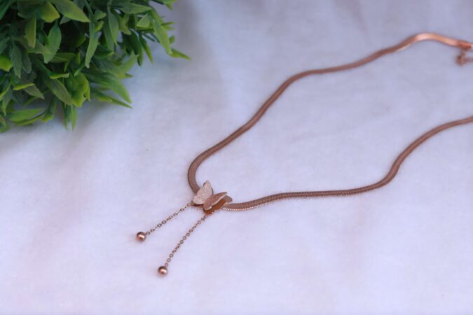 Rose Gold Tone Herringbone Chain Necklace with Butterfly Pendant