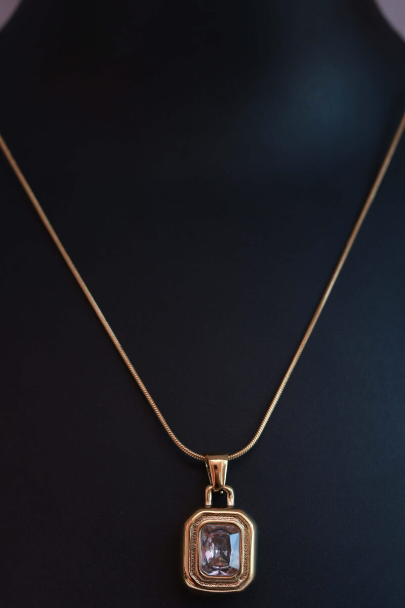 Classic Gold Tone Snake Chain Necklace with Emerald White Faceted Pendant - Image 2