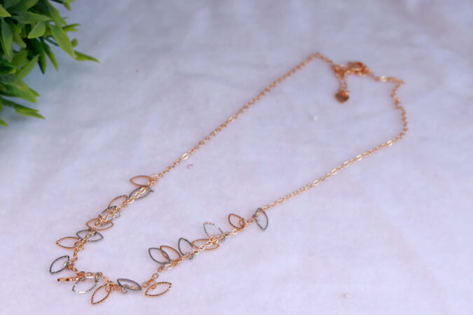 Rose Gold Tone Chain Necklace with Mixed-Finish Leaflet Dangles