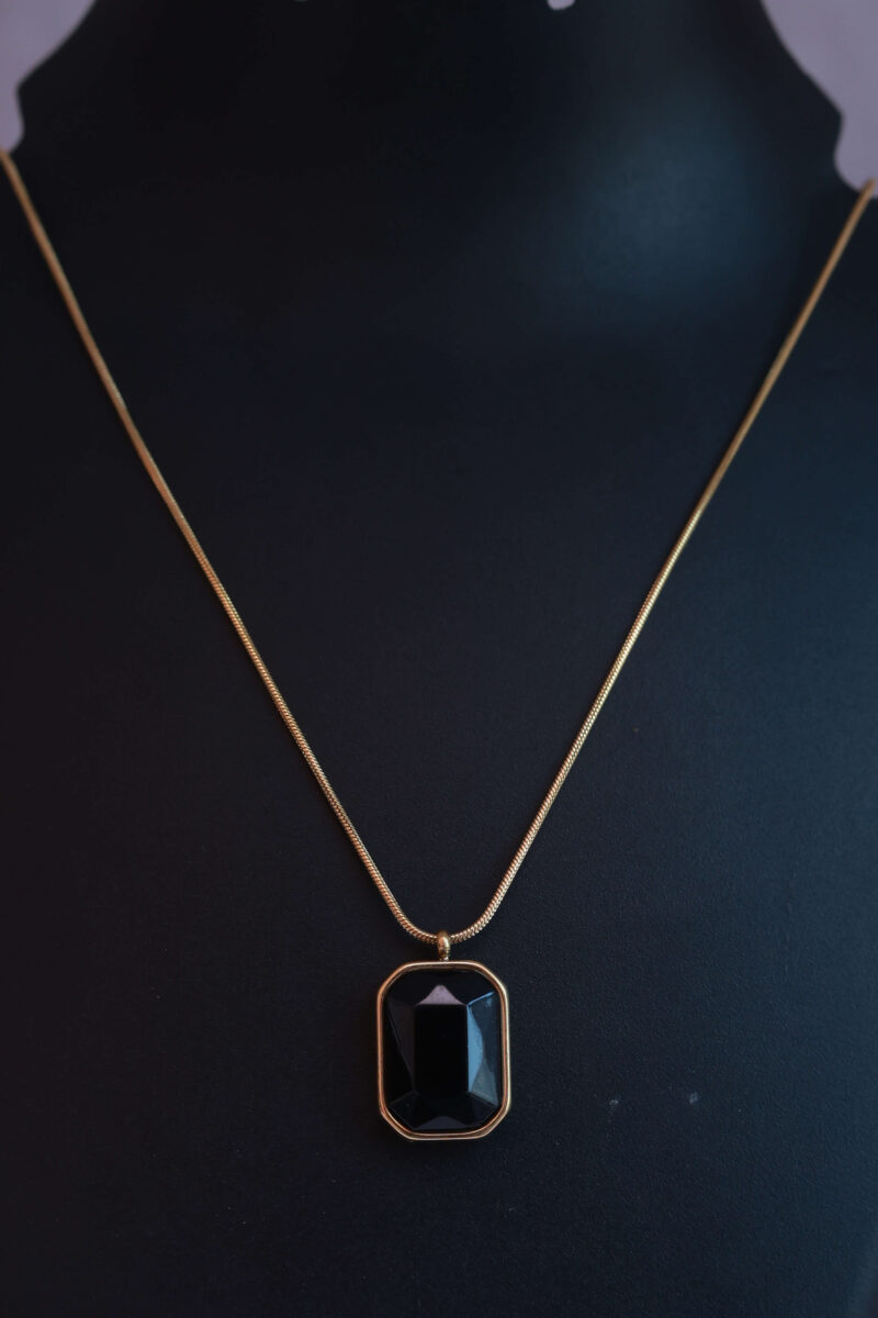 Gold Tone Snake Chain Necklace with Faceted Black Onyx Pendant - Image 2