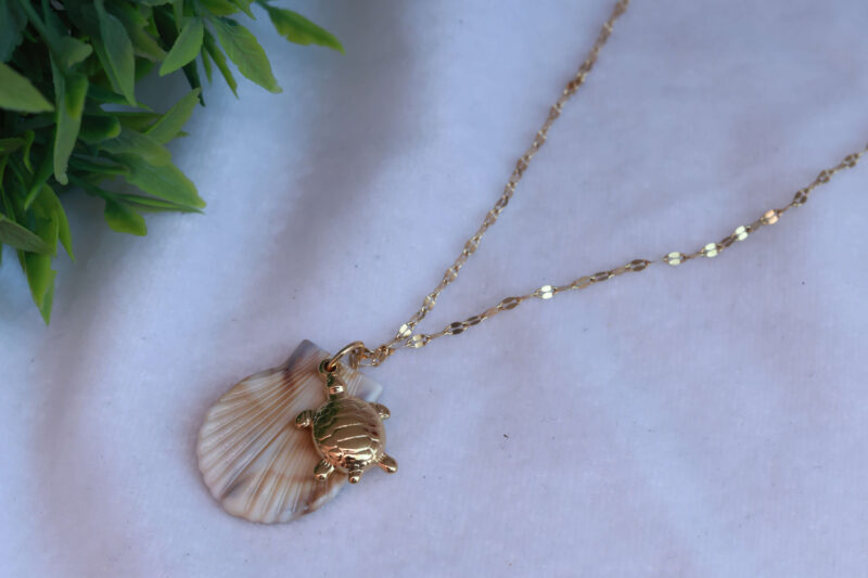 Gold Tone Chain Necklace with Natural Seashell and Turtle Charm - Image 2