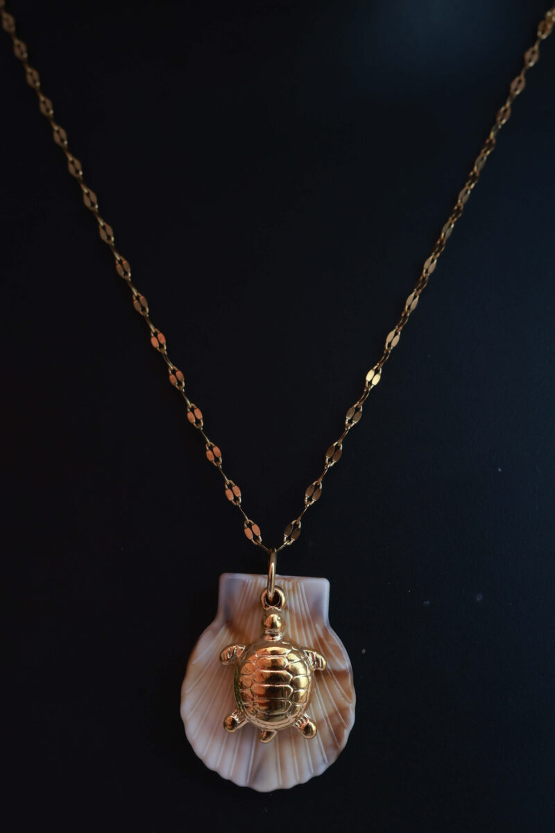 Gold Tone Chain Necklace with Natural Seashell and Turtle Charm - Image 3