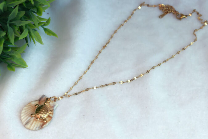 Gold Tone Chain Necklace with Natural Seashell and Turtle Charm
