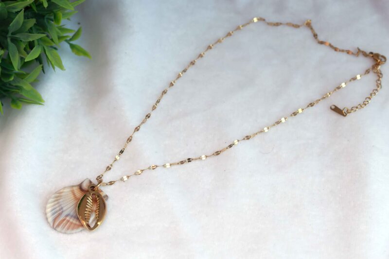 Gold Tone Chain Necklace with Natural Scallop Shell and Cowrie Charm - Image 2