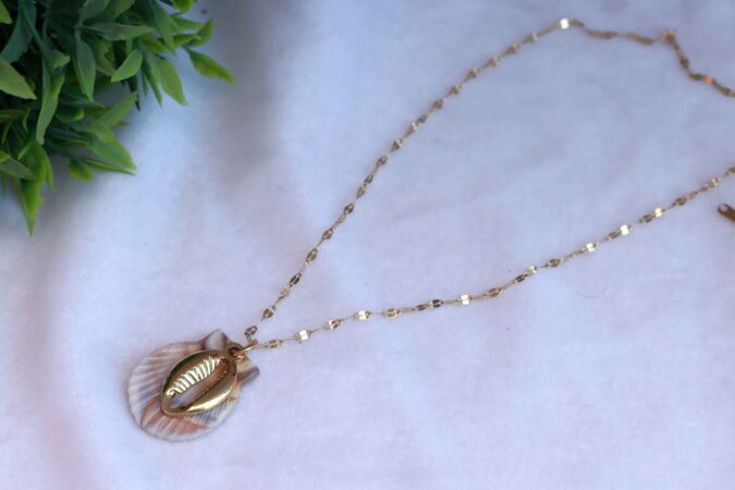 Gold Tone Chain Necklace with Natural Scallop Shell and Cowrie Charm