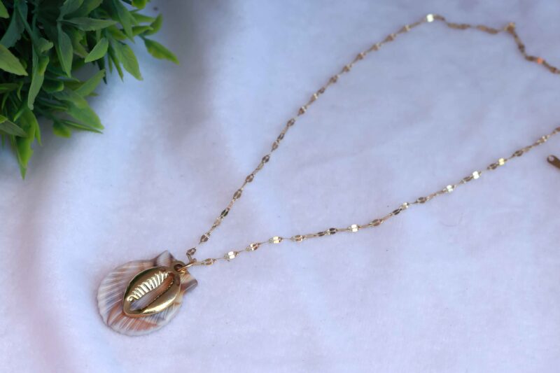 Gold Tone Chain Necklace with Natural Scallop Shell and Cowrie Charm