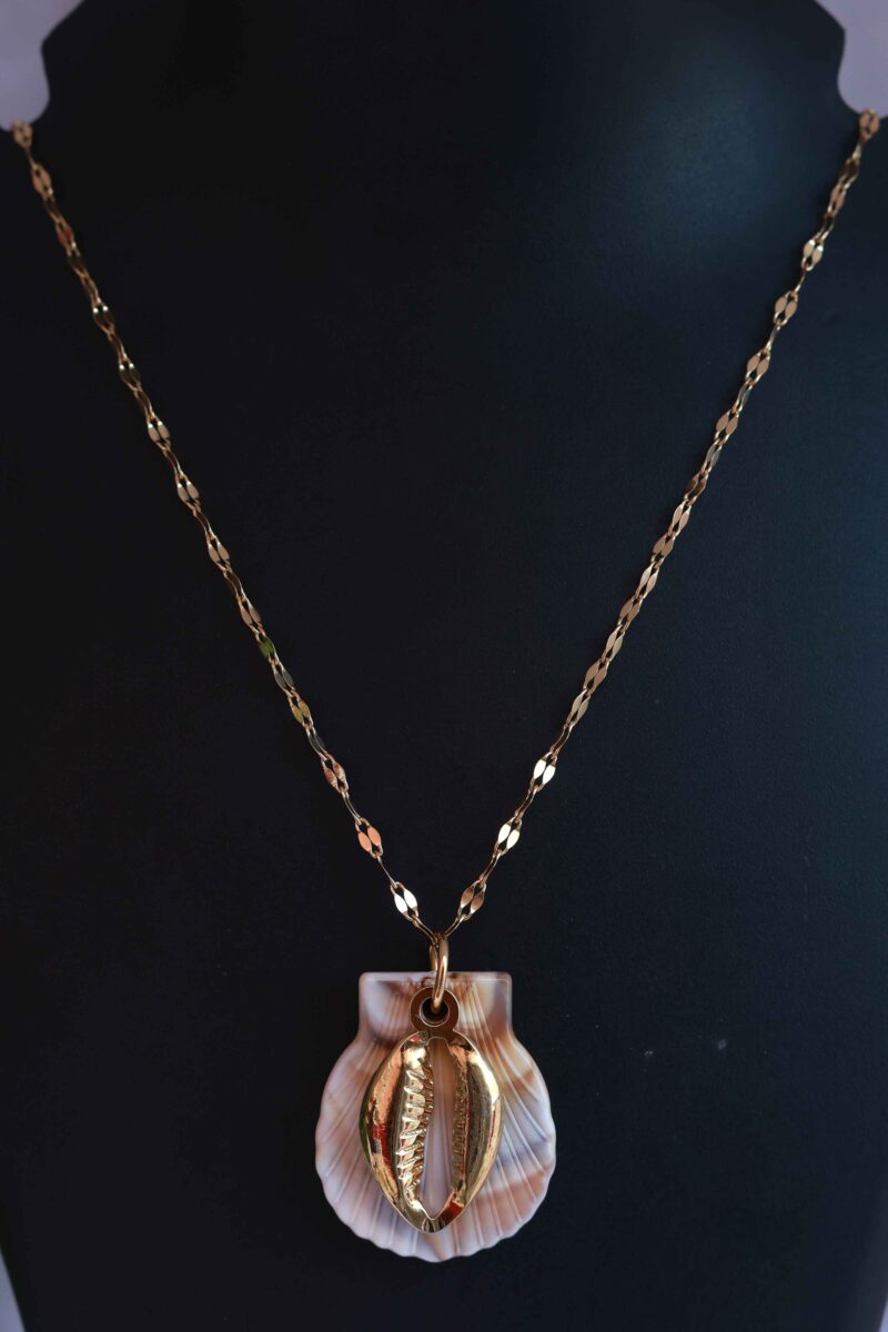 Gold Tone Chain Necklace with Natural Scallop Shell and Cowrie Charm - Image 3