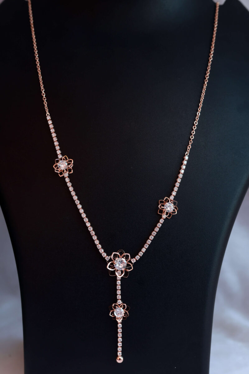 Sparkling Rose Gold Tone Floral Y-Drop Necklace - Image 2