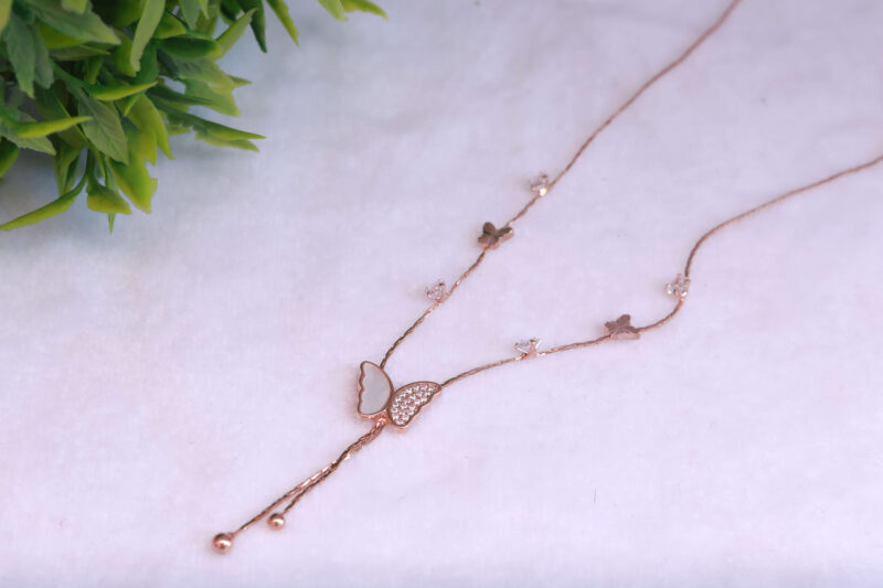 Rose Gold Tone Butterfly & Crystal Drop Necklace