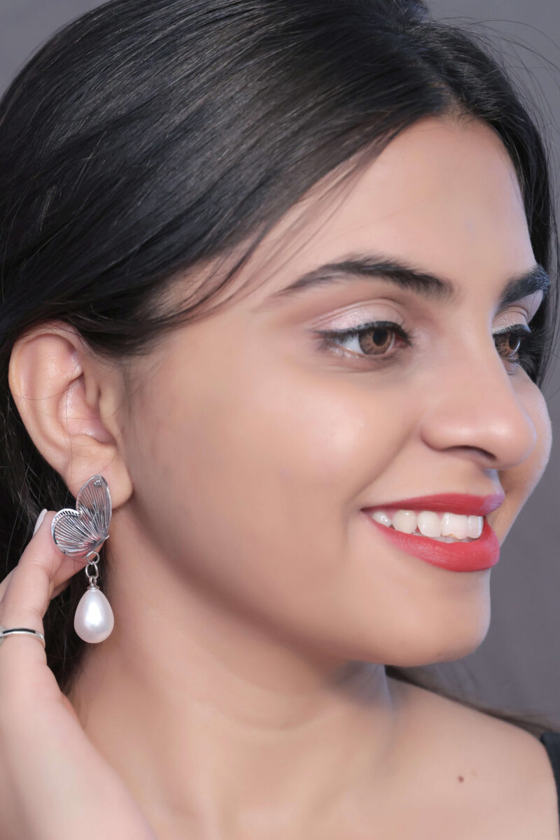 Silver Butterfly and Pearl Drop Earring - Image 3