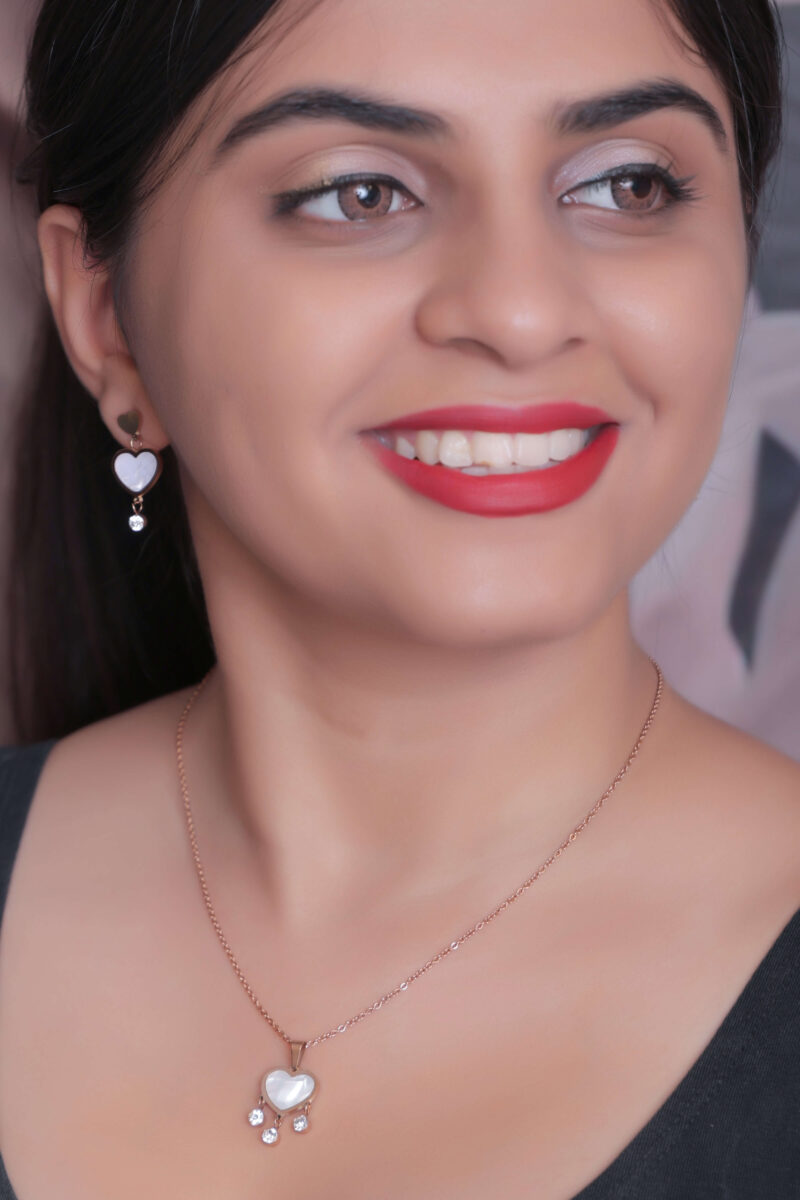 Rose Gold Tone Heart Pendant Necklace & Dangle Earring Set - Image 2
