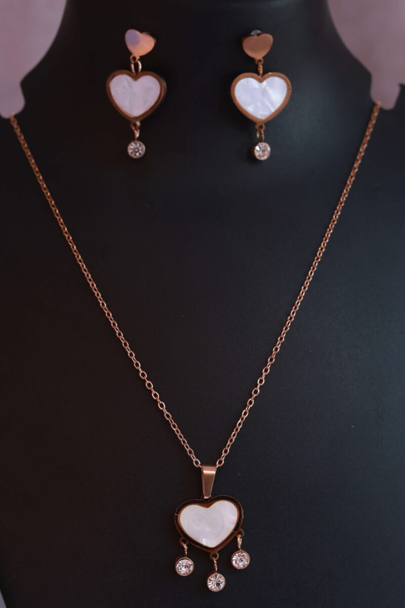 Rose Gold Tone Heart Pendant Necklace & Dangle Earring Set