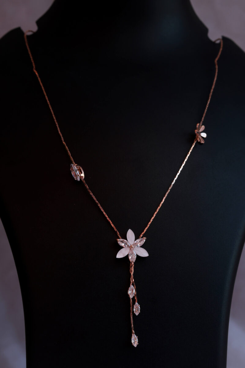 Rose Gold Tone Floral Y-Drop Necklace with White Petals and Crystal Dangles - Image 2