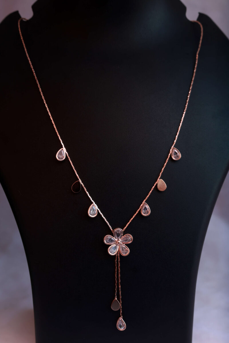 Rose Gold Tone Floral Y-Drop Necklace with Teardrop and Disc Accents - Image 2