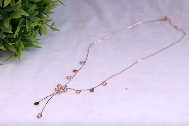 Rose Gold Tone Floral Y-Drop Necklace with Teardrop and Disc Accents
