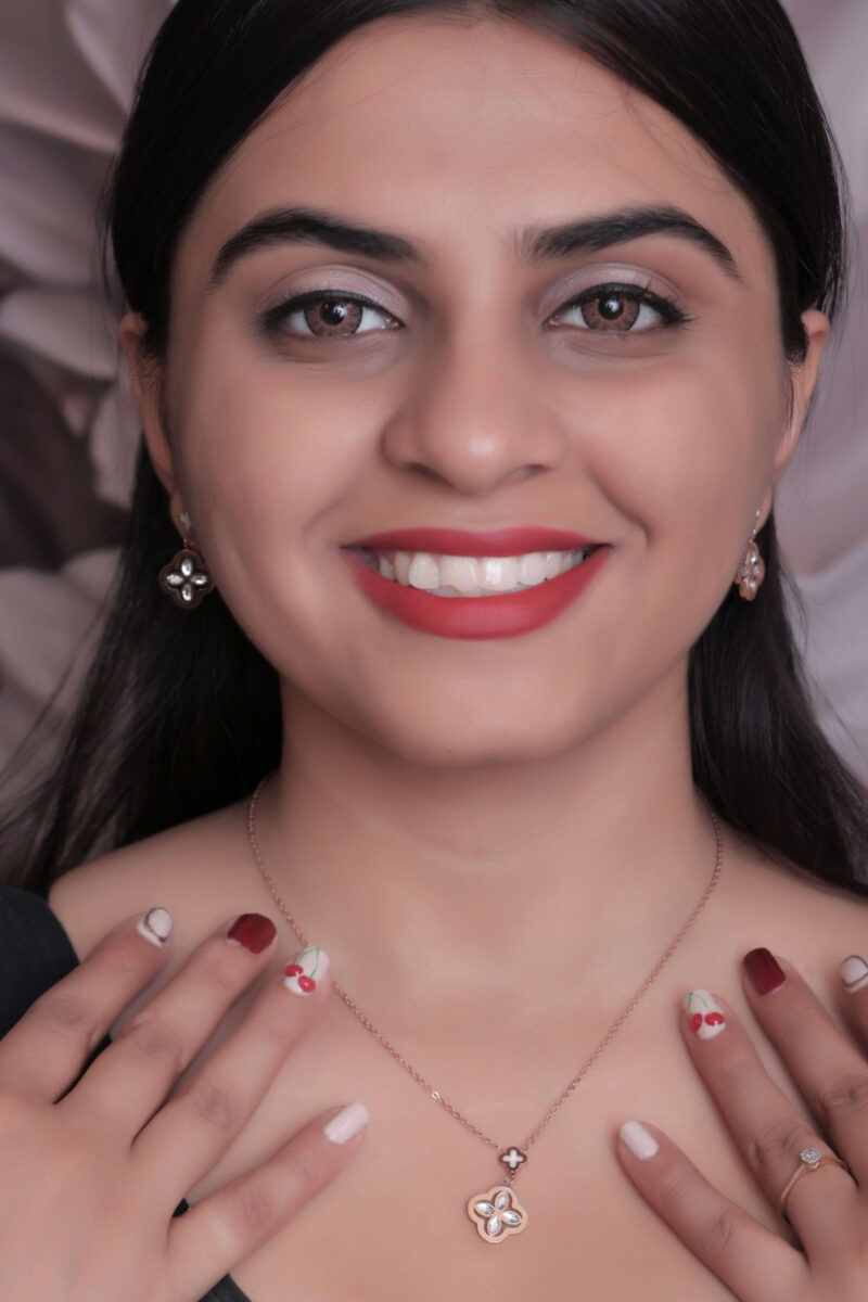 Rose Gold Tone Clover Motif Necklace and Earring Set with Iridescent Inlay - Image 2