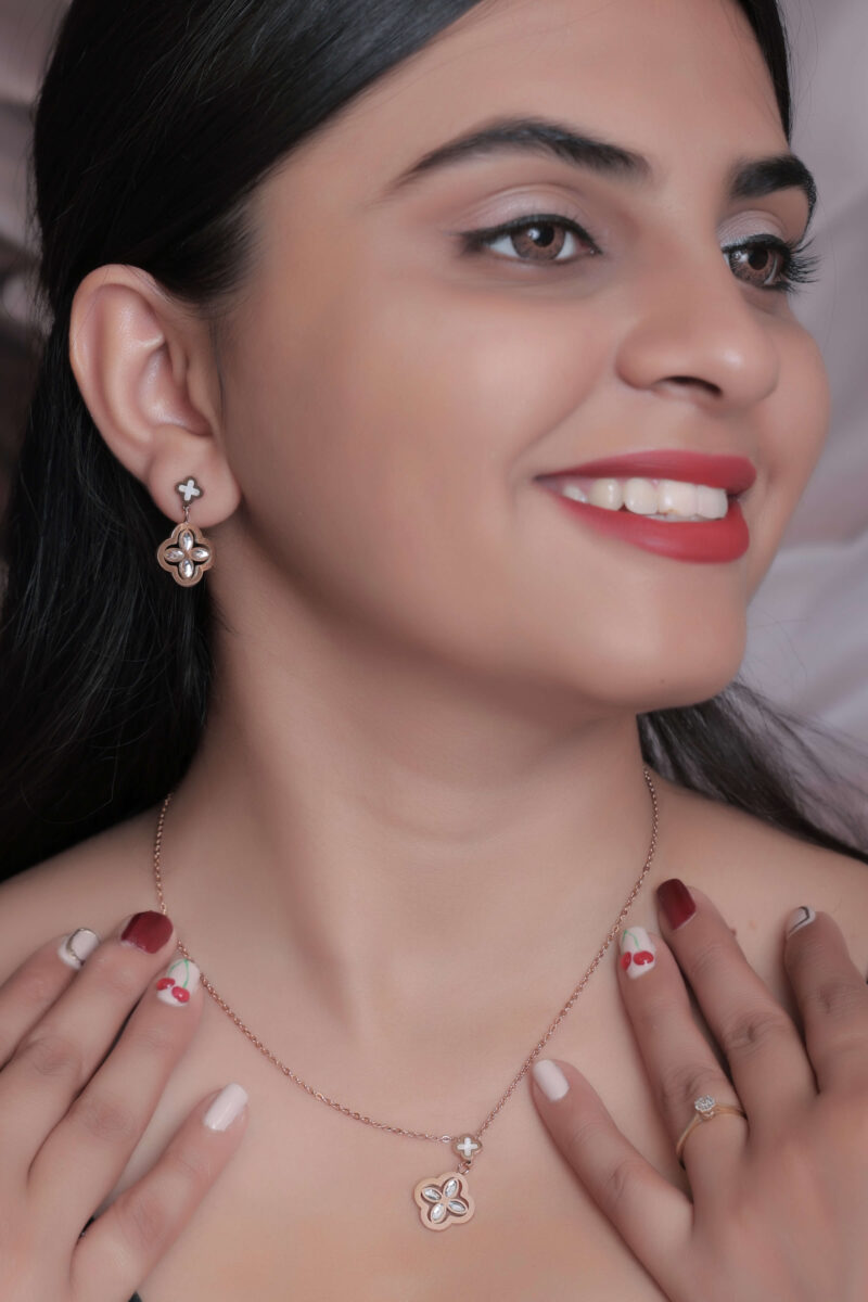 Rose Gold Tone Clover Motif Necklace and Earring Set with Iridescent Inlay - Image 3