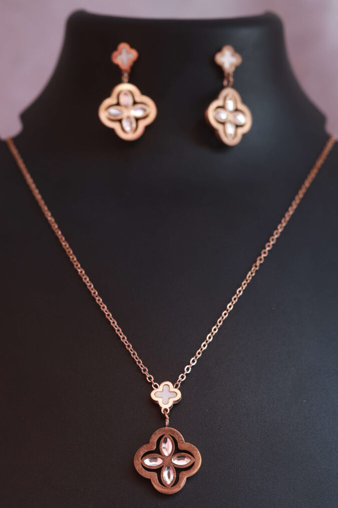 Rose Gold Tone Clover Motif Necklace and Earring Set with Iridescent Inlay