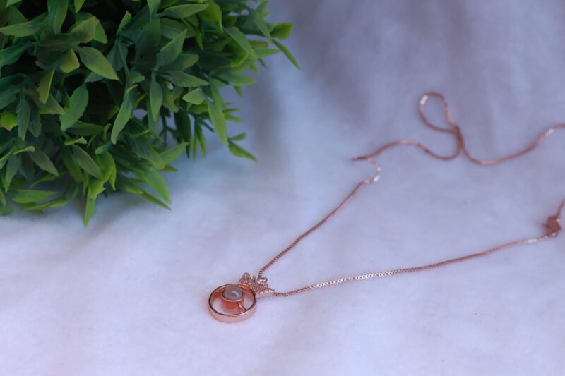 Rose Gold Tone Box Chain Necklace with Crown and Circular Pendant - Image 2
