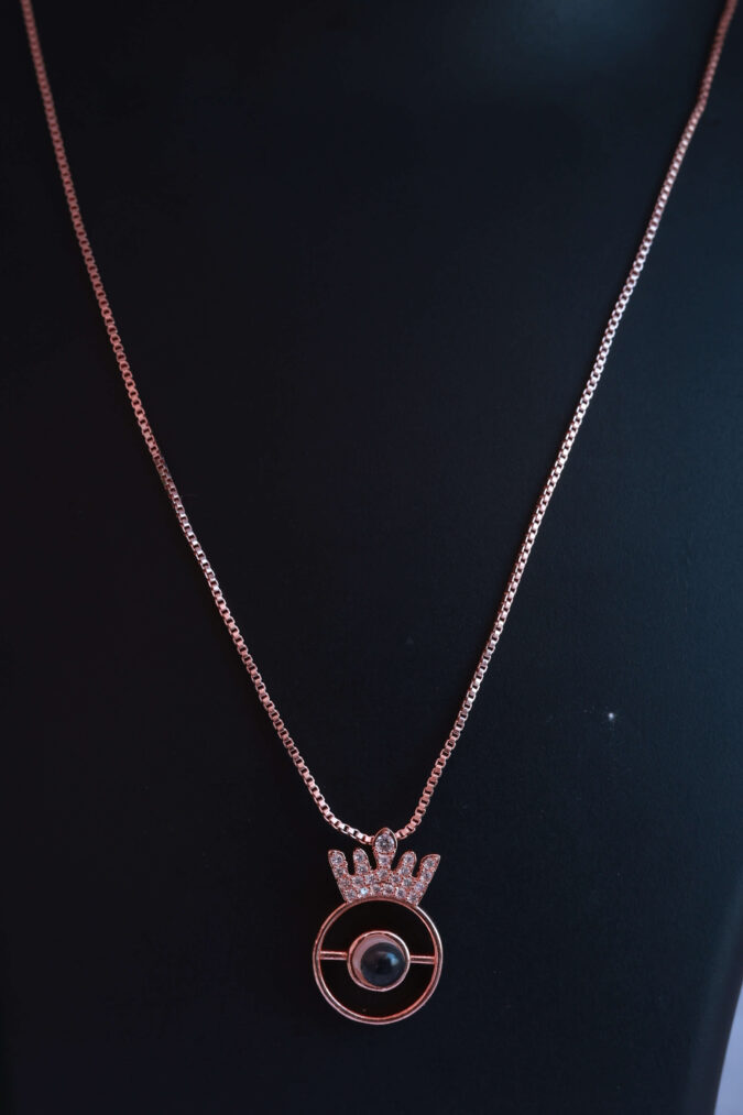 Rose Gold Tone Box Chain Necklace with Crown and Circular Pendant