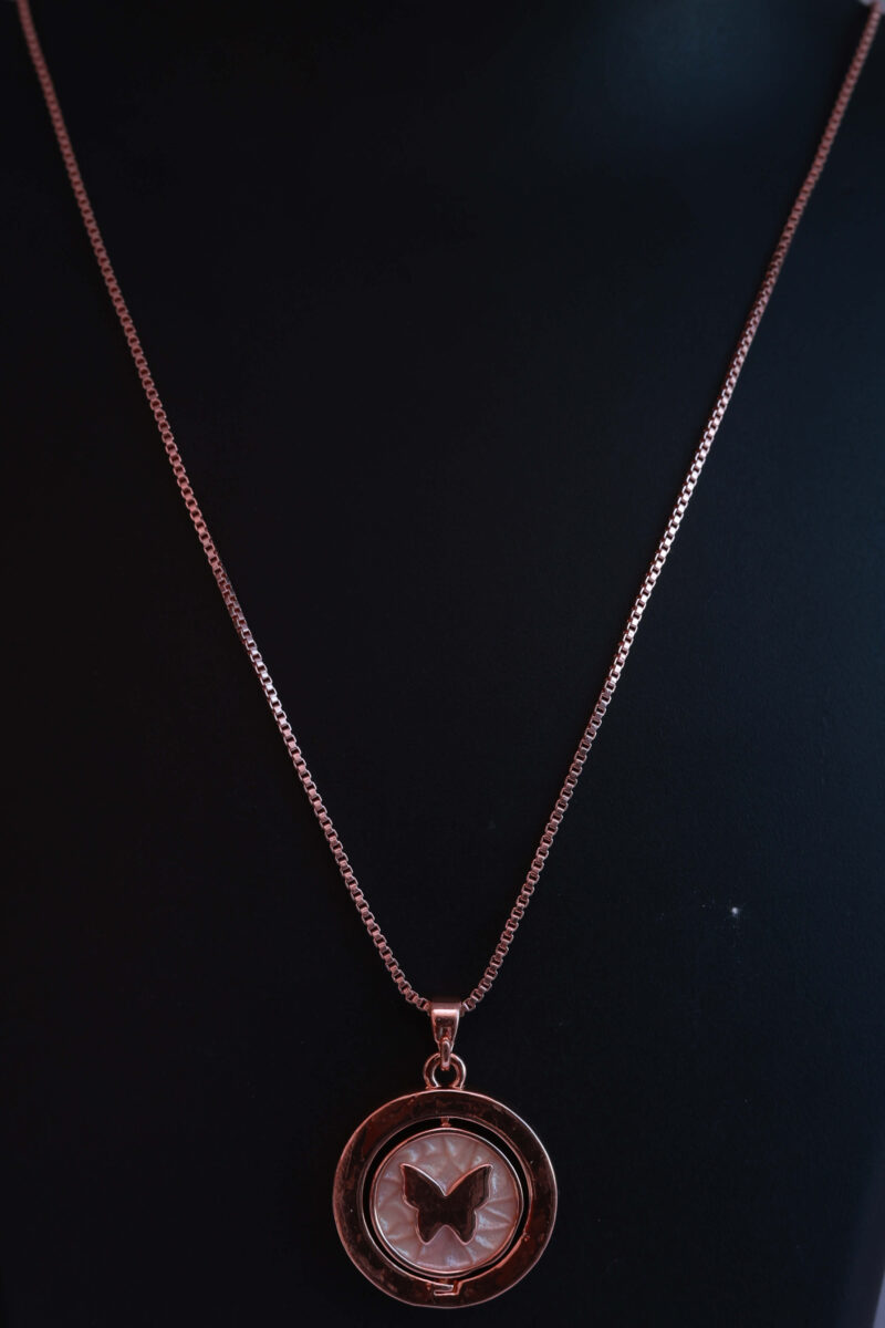 Rose Gold Tone Box Chain Necklace with Butterfly Medallion Pendant - Image 2
