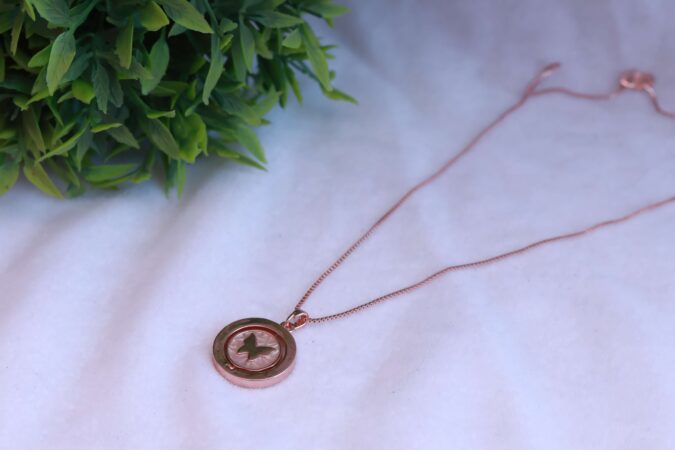 Rose Gold Tone Box Chain Necklace with Butterfly Medallion Pendant