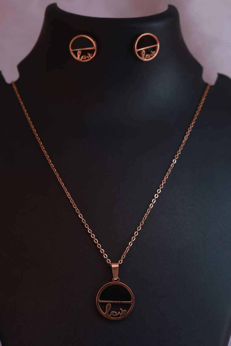 Rose Gold Tone "Love" Circle Pendant Necklace and Stud Earring Set - Image 2