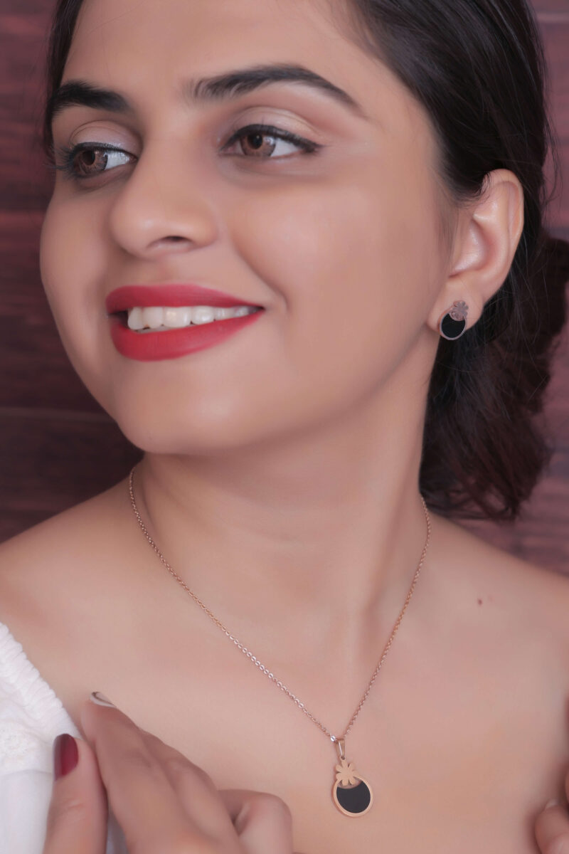 Rose Gold Tone "Love" Circle Pendant Necklace and Stud Earring Set - Image 4