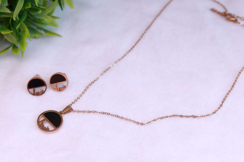 Rose Gold Tone "Love" Circle Pendant Necklace and Stud Earring Set